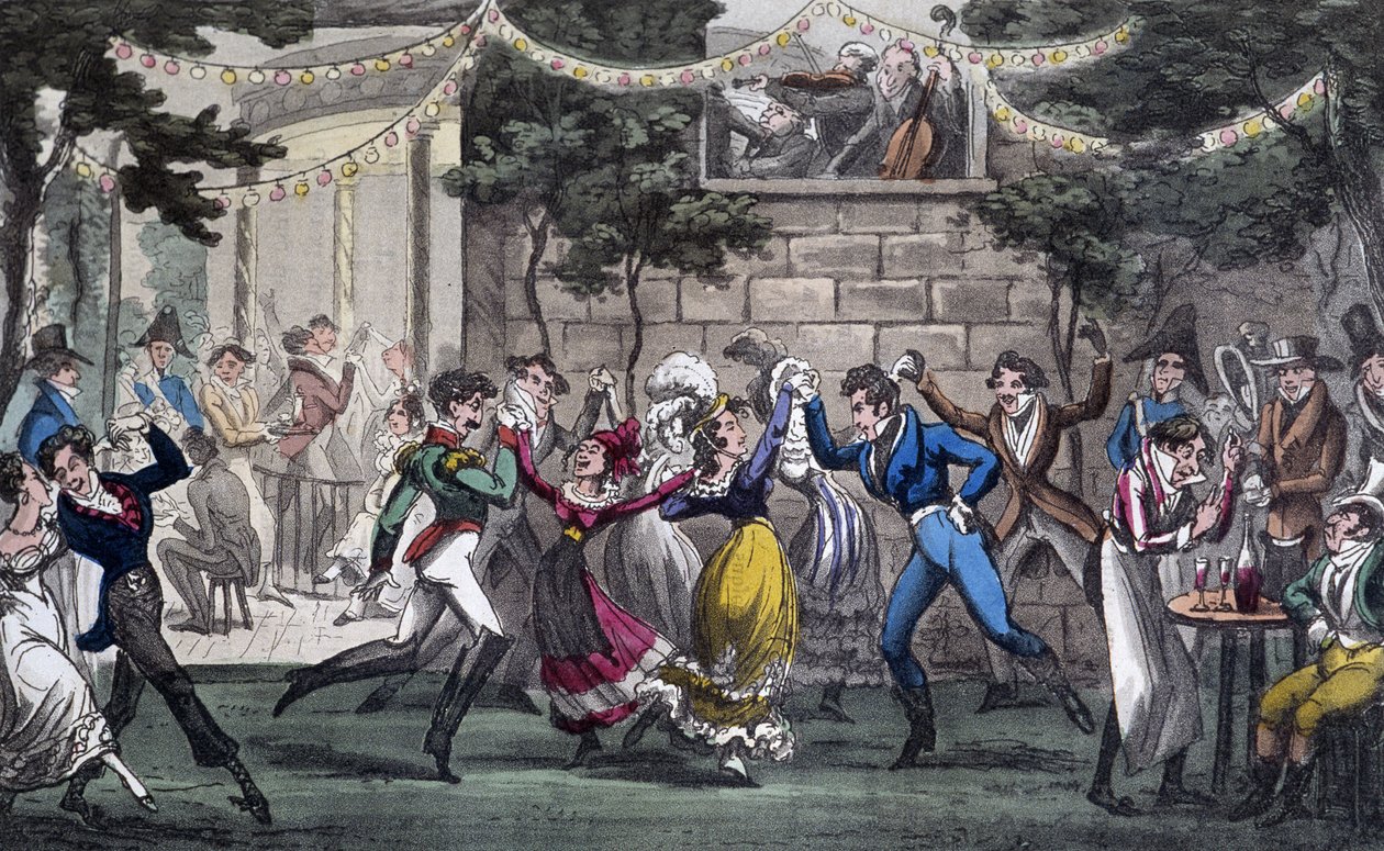 Quadrille v Salon de Mars, na Champs Elysée - ve filmu „Život v Paříži“ od Davida Careyho, Londýn od George Cruikshank