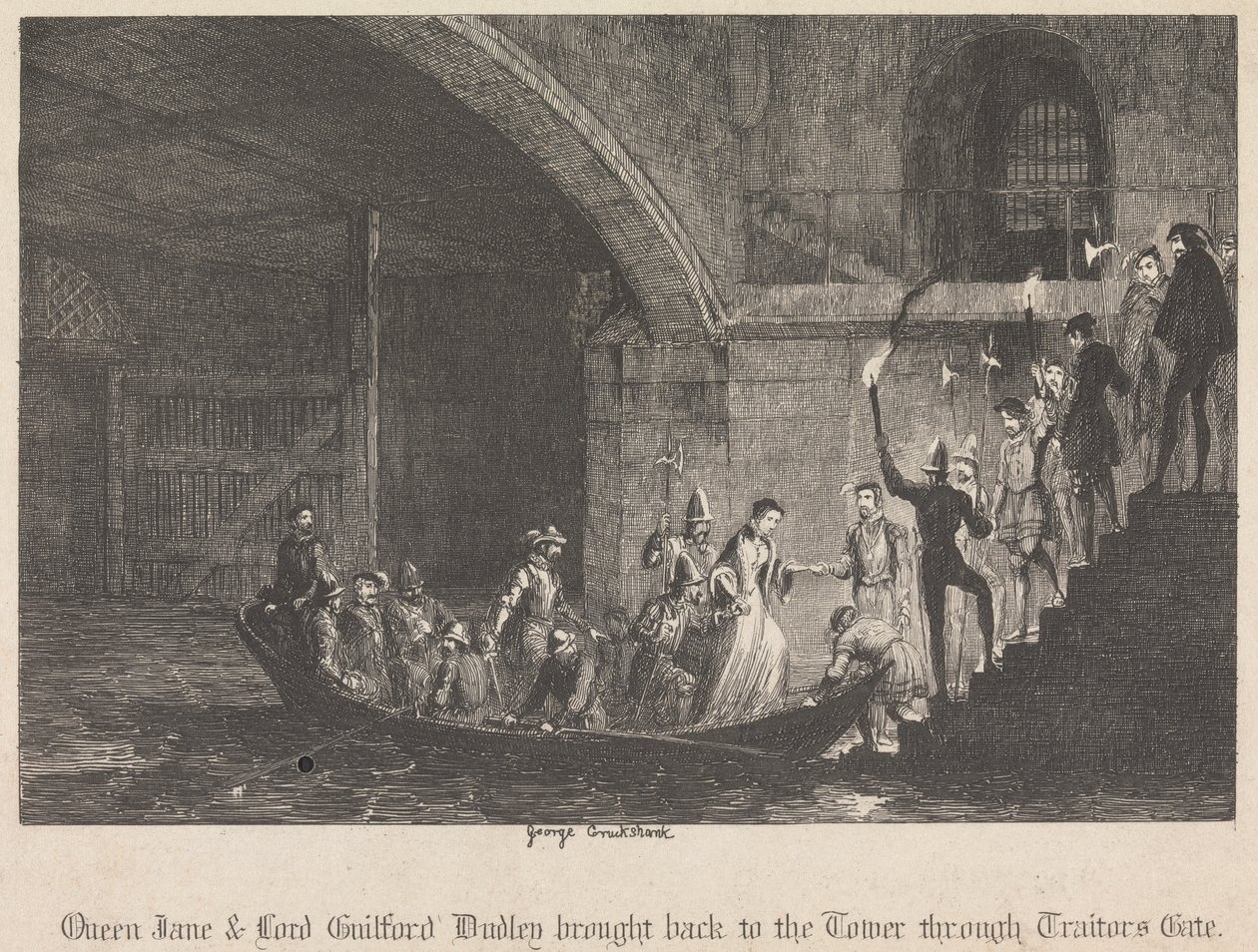 Královnu Jane a lorda Guilforda Dudleyho přivedli zpět do Toweru přes bránu zrádců od George Cruikshank