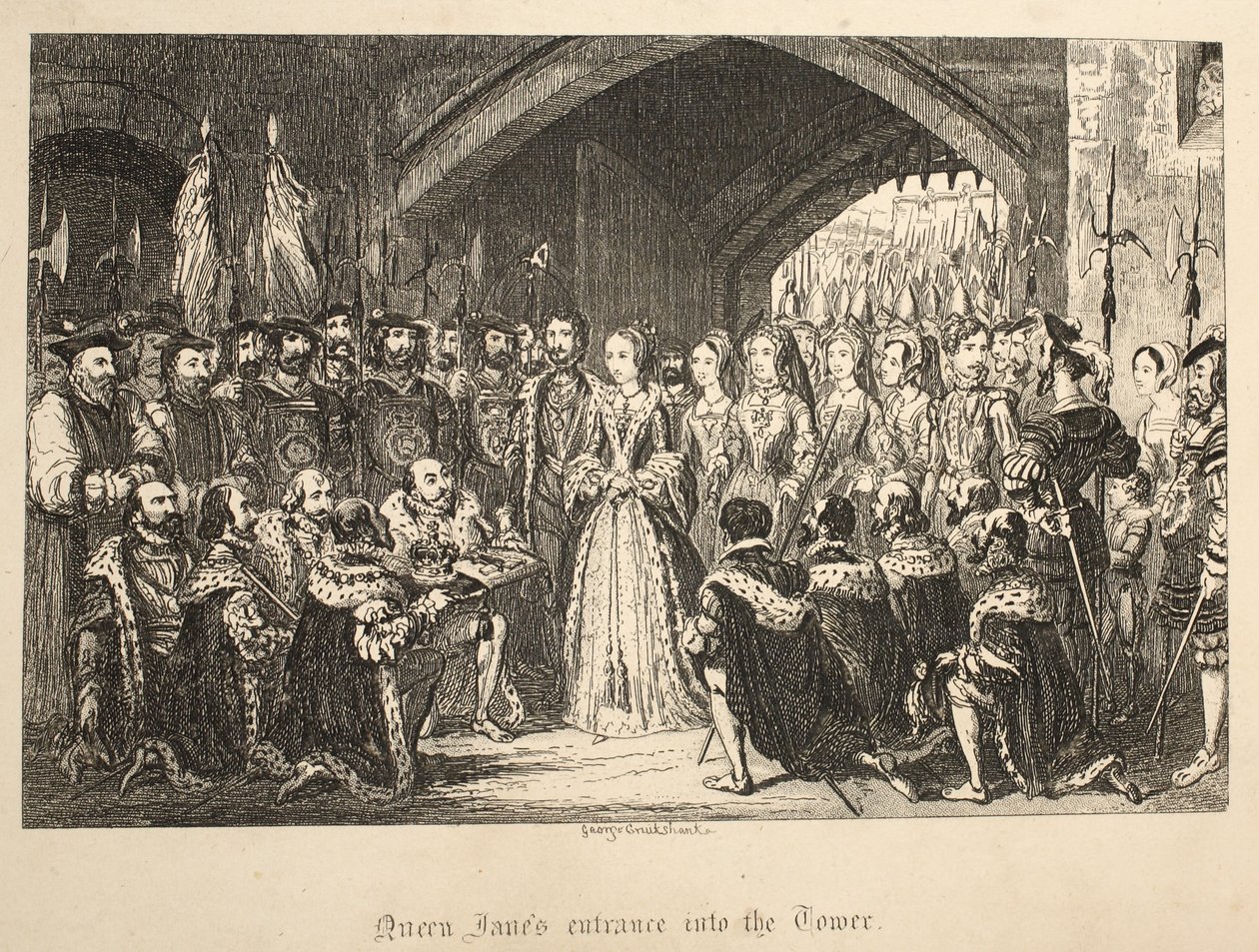 Queen Janes Entrance into the Tower, from The Tower of London, pub. 1840 od George Cruikshank