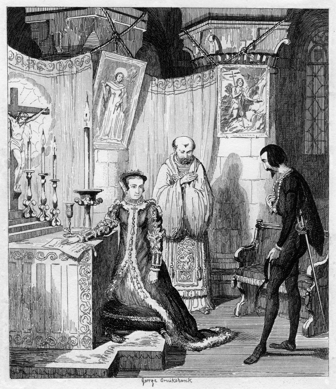 Queen Mary na příklad Simona Renarda, který se přiklonil k Filipovi Španělskému, 1840 od George Cruikshank