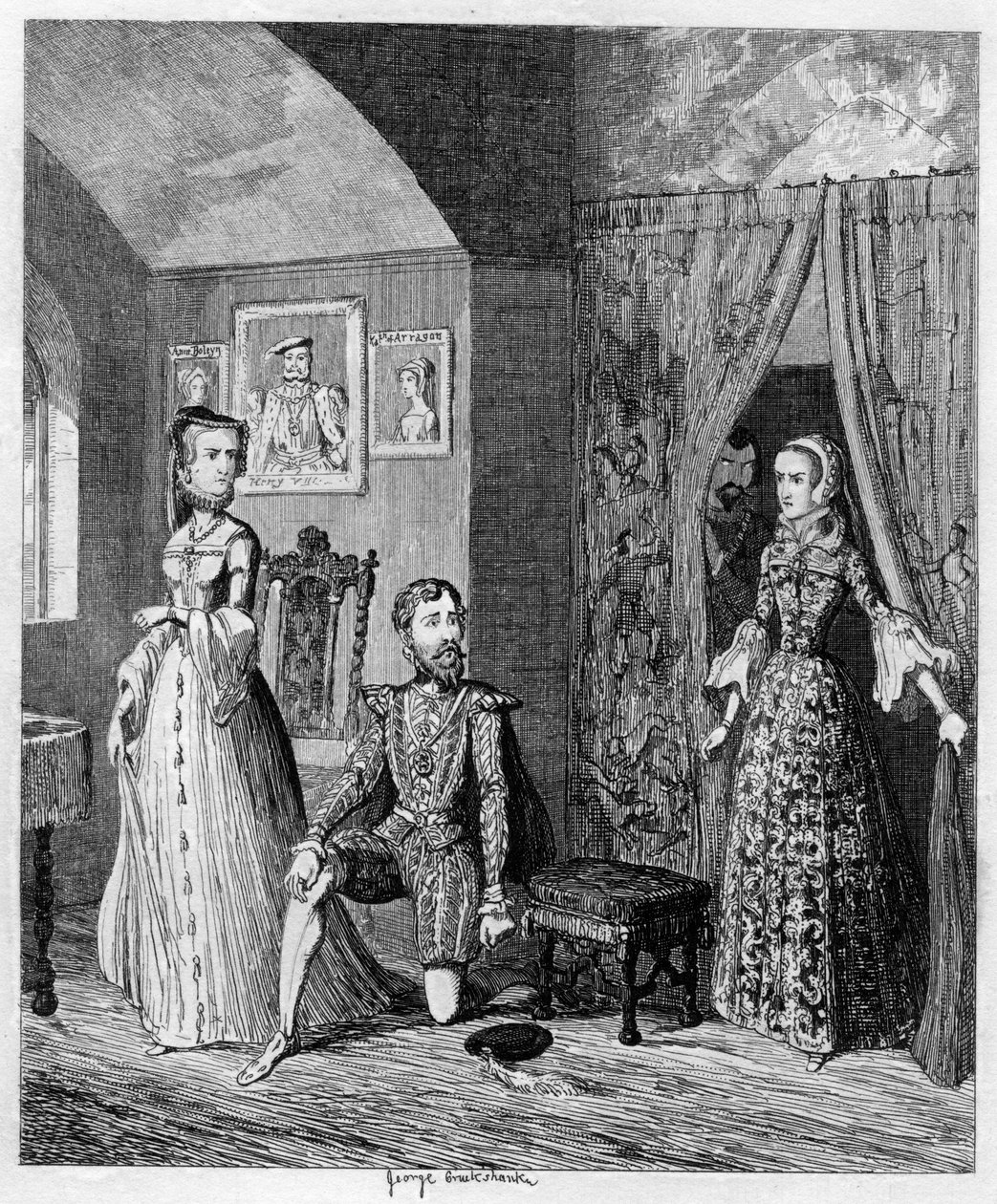 Queen Mary překvapující Courtenay a princezna Alžběta, 1553-1555 1840 od George Cruikshank