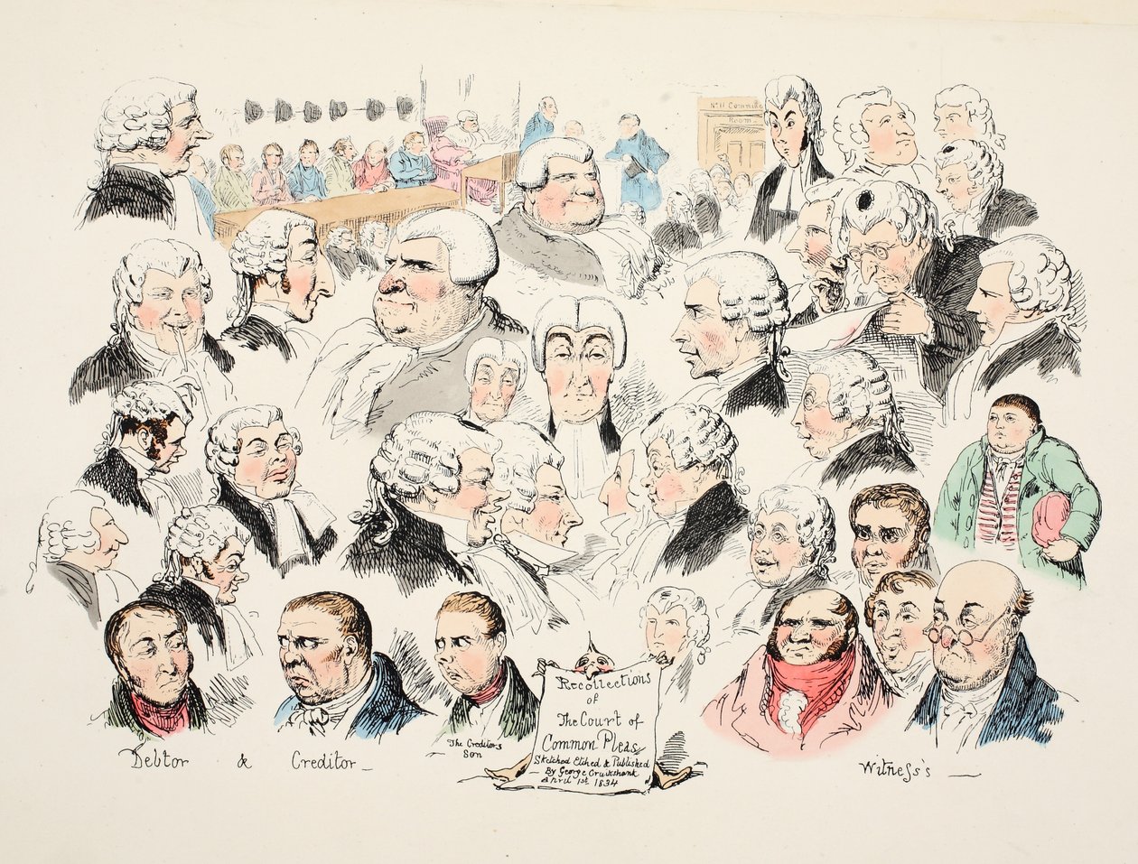 Vzpomínky na Court of Common Province, pub. 1834 (ručně kolorovaná rytina) od George Cruikshank
