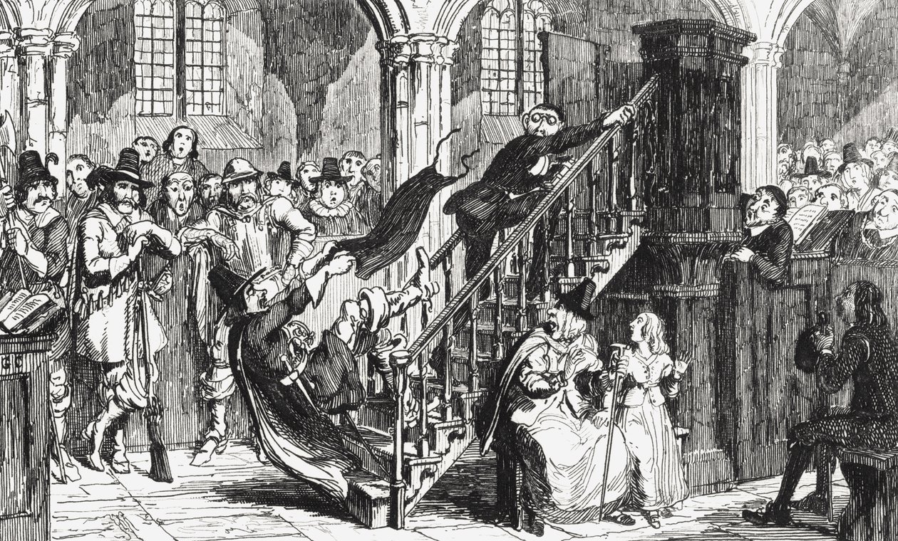 Reverend Holdenough během bohoslužby, ilustrace z „Woodstock“ od sira Waltera Scotta (1771-1832) publikovaná v roce 1845 od George Cruikshank