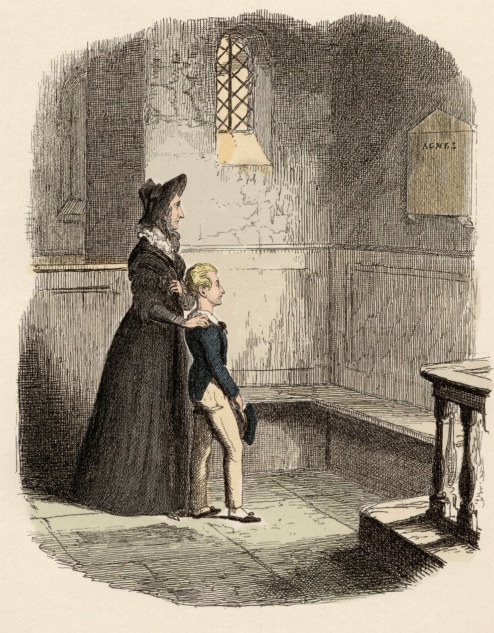 Rose Maylie a Oliver před pamětní deskou Agnes, jejich sestry a matky - Rose Maylie a Oliver - Ilustrace pro „“Oliver Twist““ (Olivier) (Dobrodružství Olivera Twista) od Charlese Dickense (1812-1870), od George Cruikshank (179 od George Cruikshank