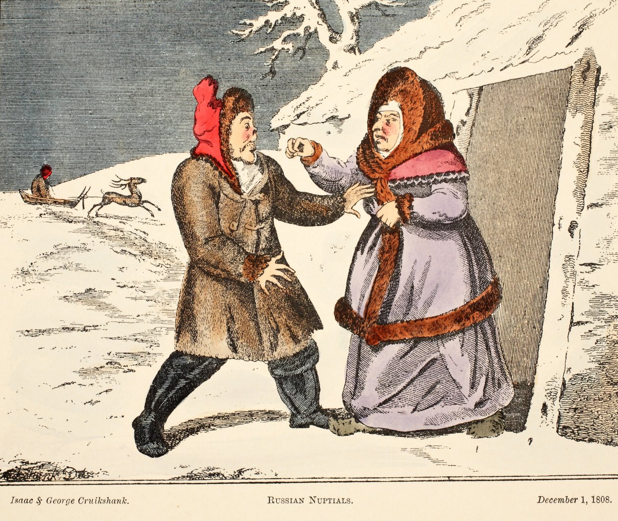 Ruská svatba, hospoda. 1808 (ručně kolorovaná rytina) od George Cruikshank