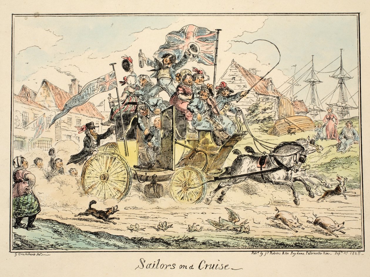 Námořníci na plavbě, z Greenwichské nemocnice, série námořních skic, popisující život válečného muže, vyd. 1826 (ručně kolorovaná rytina) od George Cruikshank