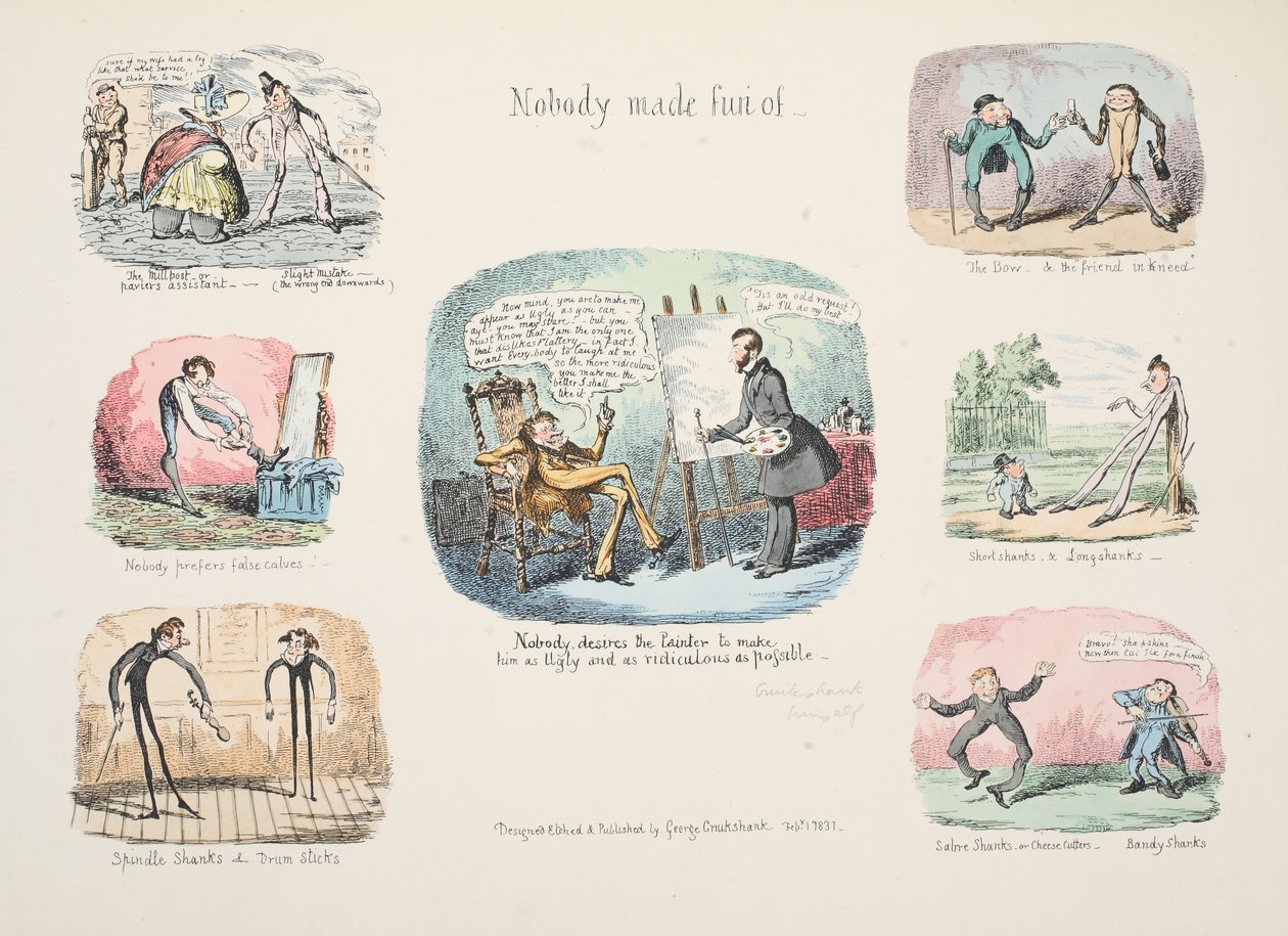 Útržky a náčrtky; Nikdo si nedělal legraci, hospode. 1831 (ručně kolorovaná rytina) od George Cruikshank