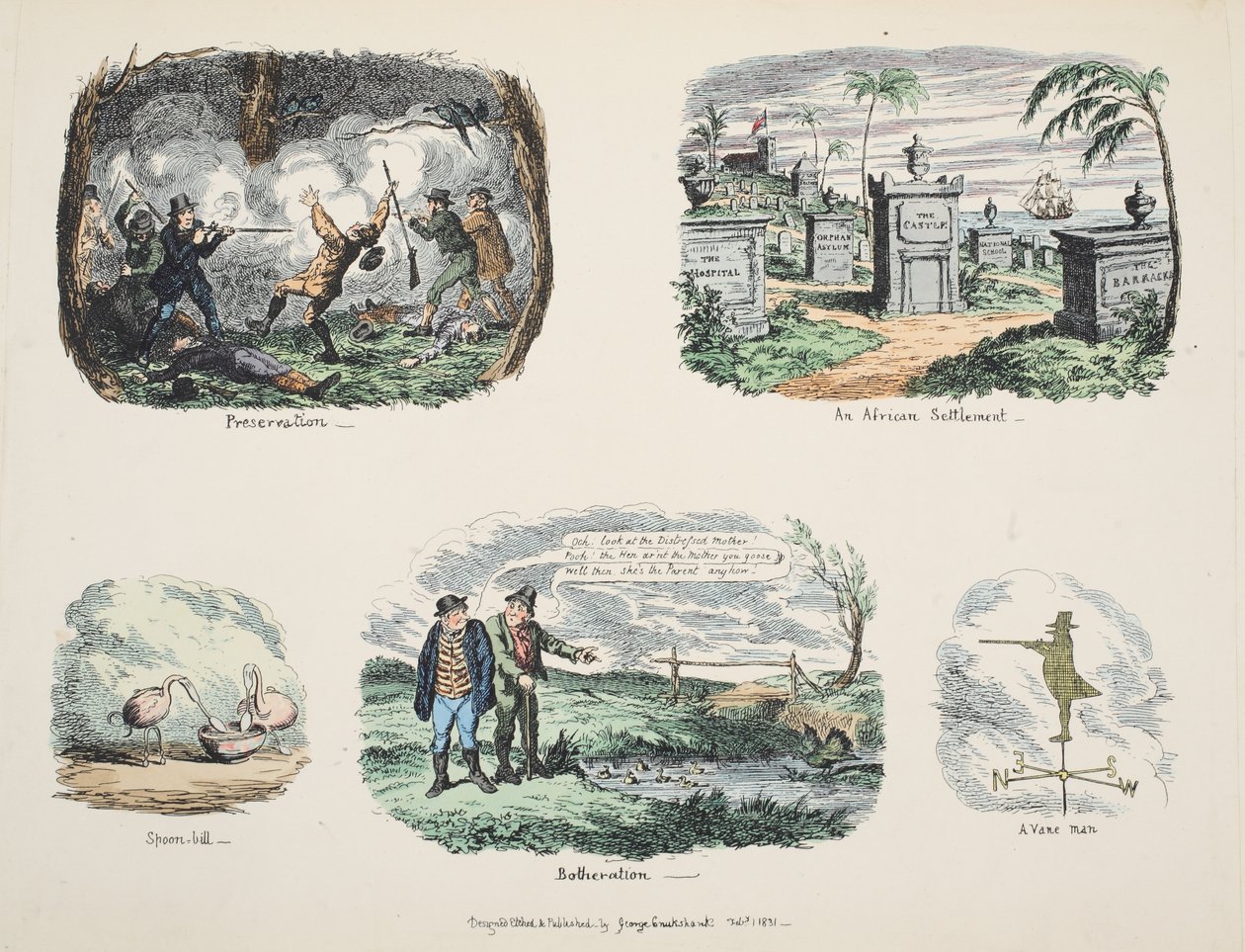 Střípky a náčrtky: , Africká osada, Lžíce, Obtěžování, Lopatkový muž, pub. 1831 (ručně kolorovaná rytina) od George Cruikshank