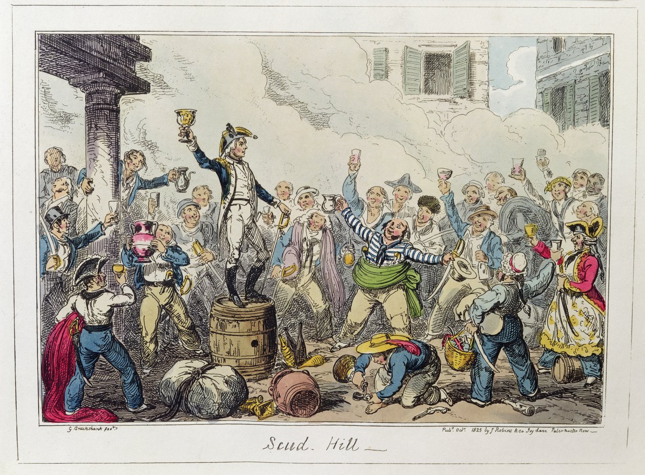 Scud Hill, publikoval James Robins und Co., říjen 1825 (barevný lept) od George Cruikshank