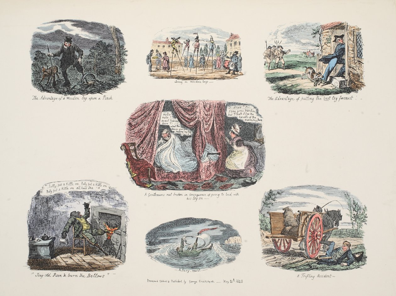 Série ilustrací o výhodách a nedostatcích držení dřevěné nohy, hospoda. 1828 (ručně kolorovaná rytina) od George Cruikshank
