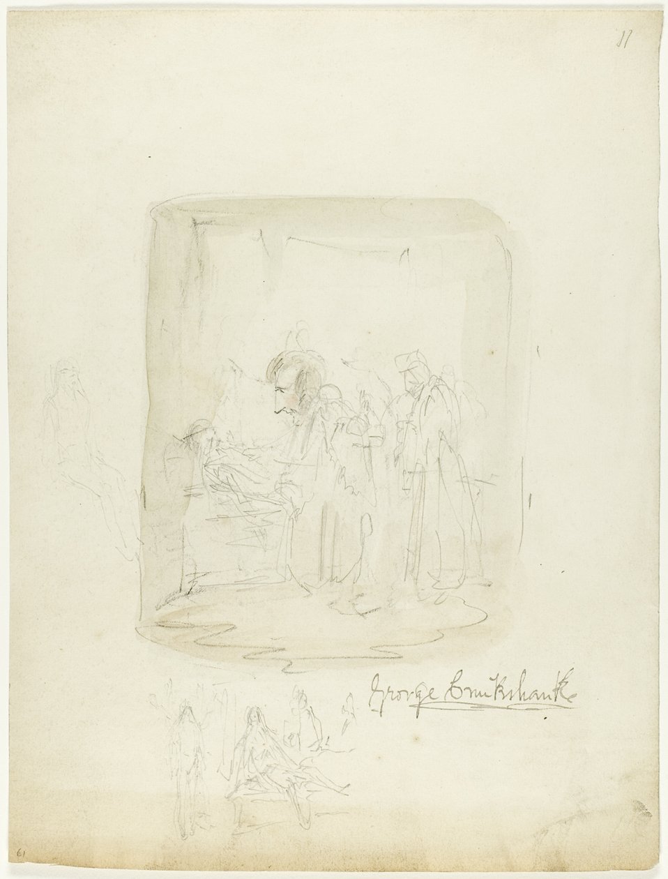 List s náčrtky a autoportrétem od George Cruikshank