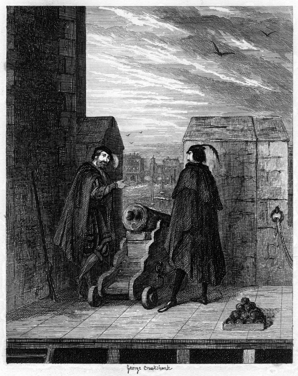 Simon Renard a Winwike správce na střeše Bílé věže, 1553 1840. od George Cruikshank