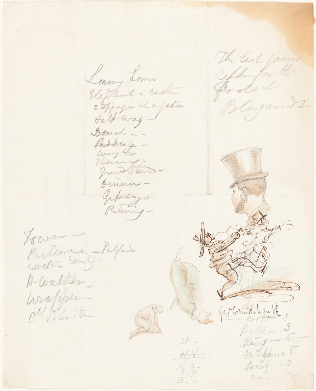 Náčrt postavy hlavy, paží a klečícího kolena od George Cruikshank