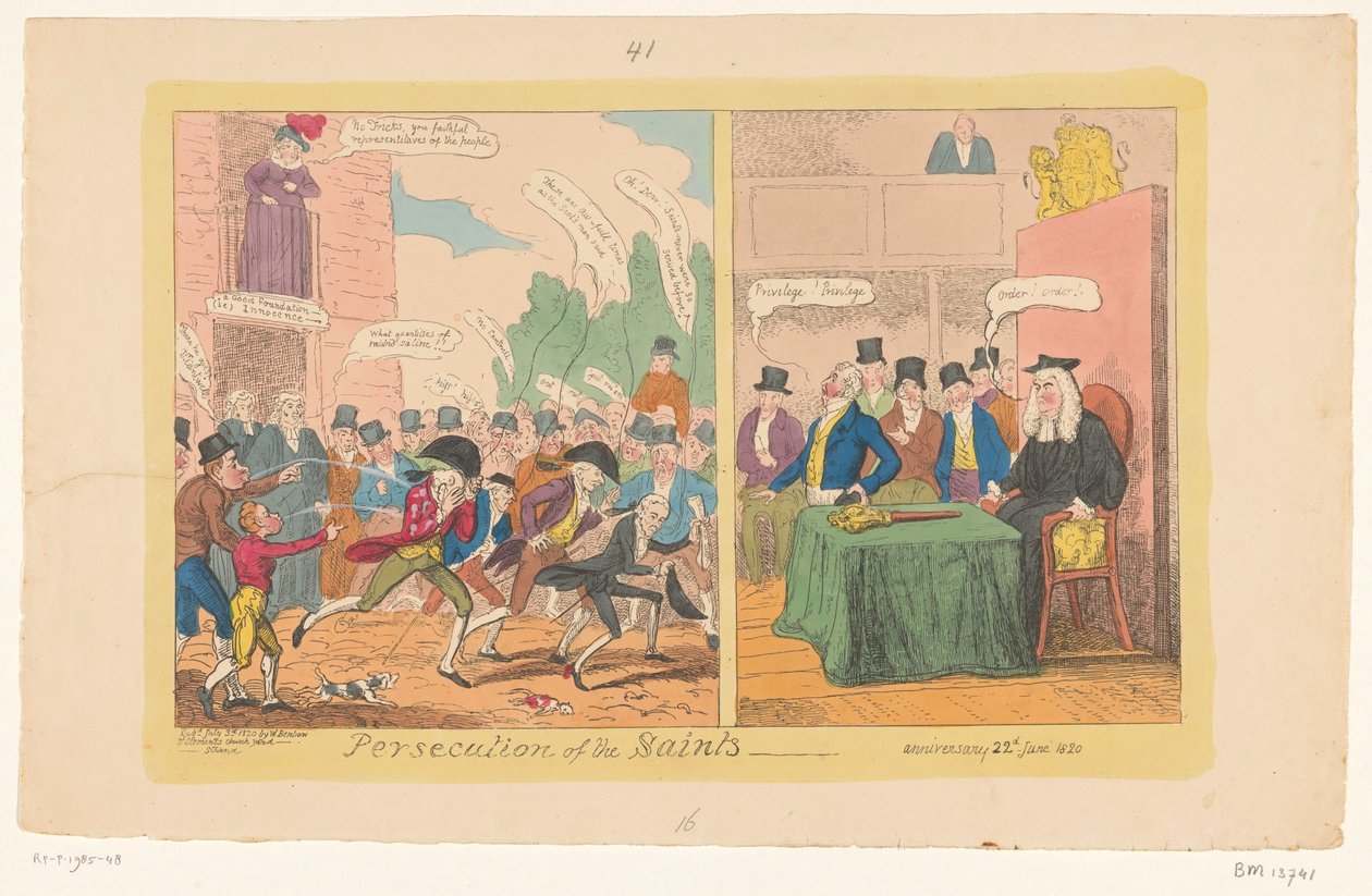 Karikatura anglické domácí politiky, 1820 Pronásledování svatých od George Cruikshank