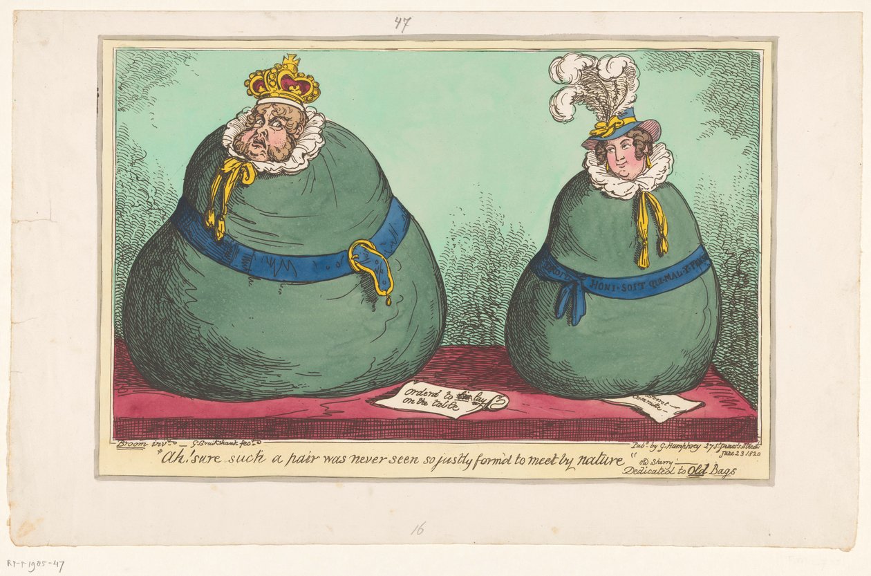 Spotprent op koning George IV a koningin Caroline, 1820 Ach! Takový pár jistě nebyl nikdy viděn tak spravedlivě zformovaný, aby se setkal od přírody (název na předmětu) od George Cruikshank