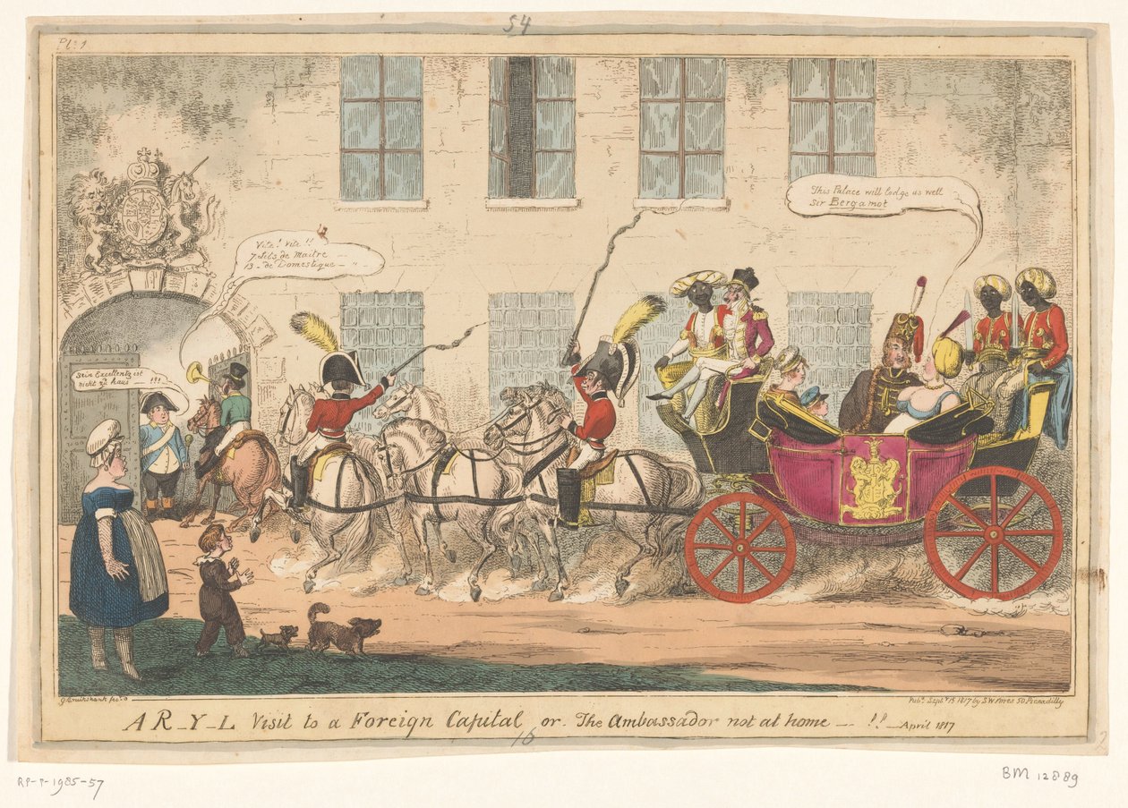 Spotprent op prines Caroline, 1817 Návštěva R-Y-L v cizím hlavním městě nebo, velvyslanec není doma-!! (název na objektu) od George Cruikshank