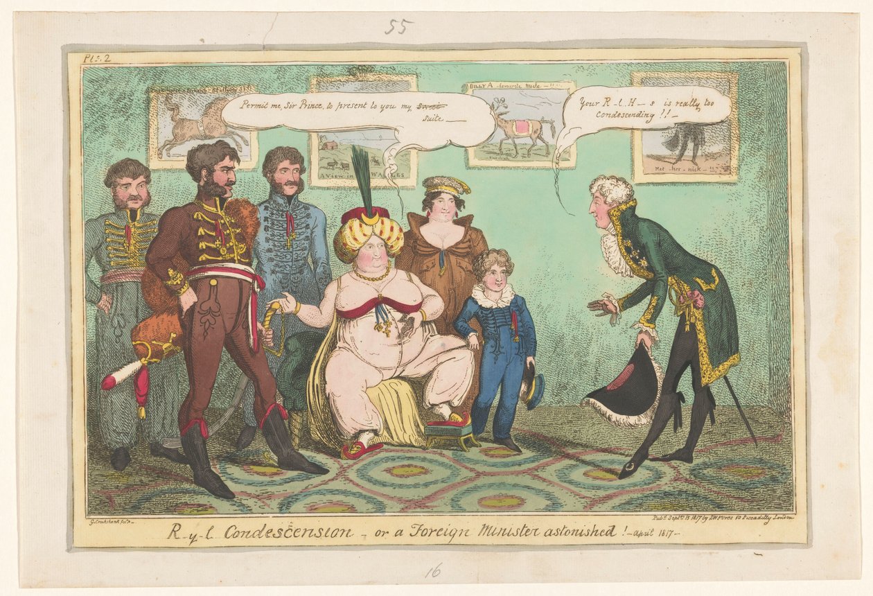 Spotprent op prines Caroline, 1817 R-y-l blahosklonnost nebo ministr zahraničí užaslý! od George Cruikshank
