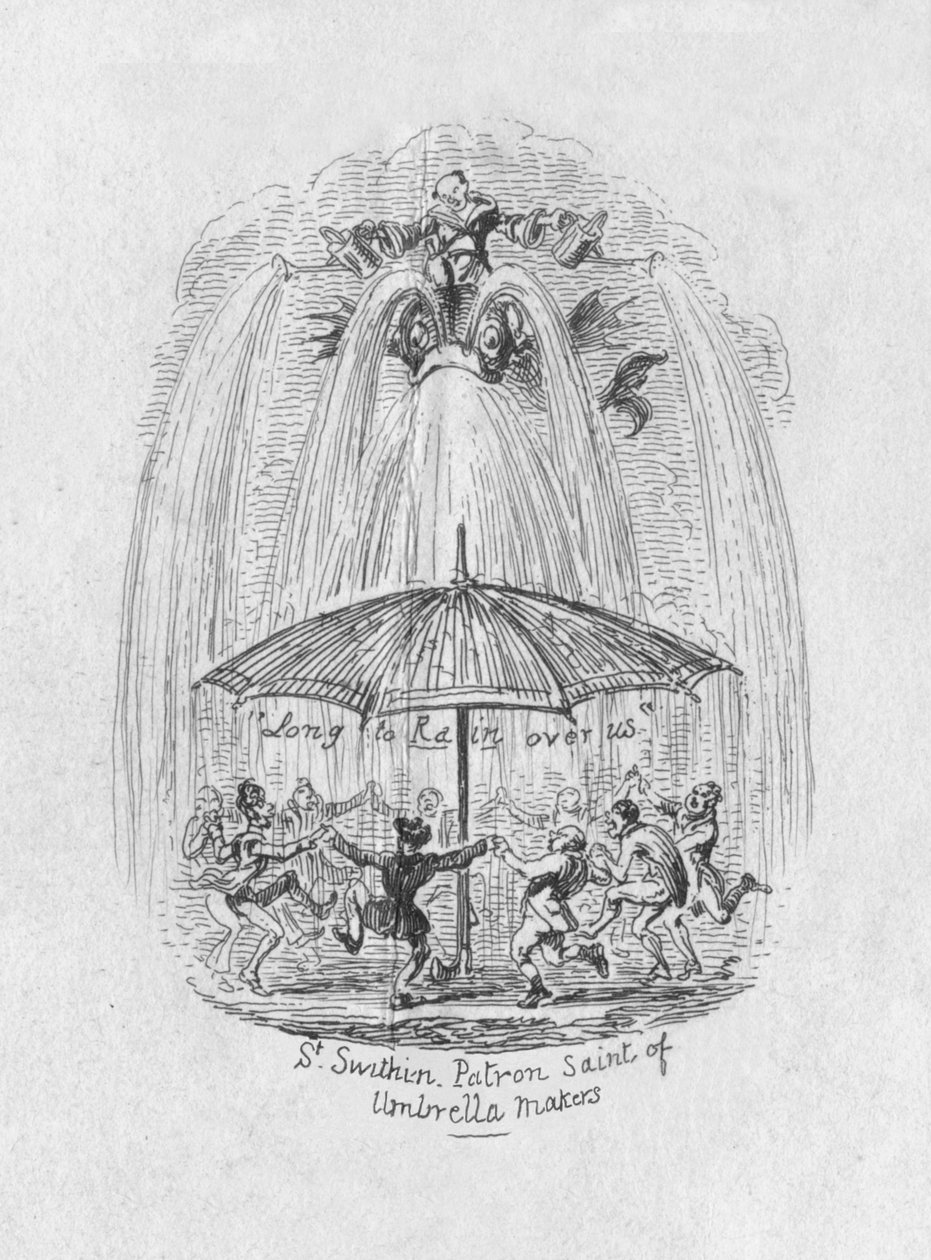 Svatý swithinský patron výrobců deštníků, 1829 od George Cruikshank