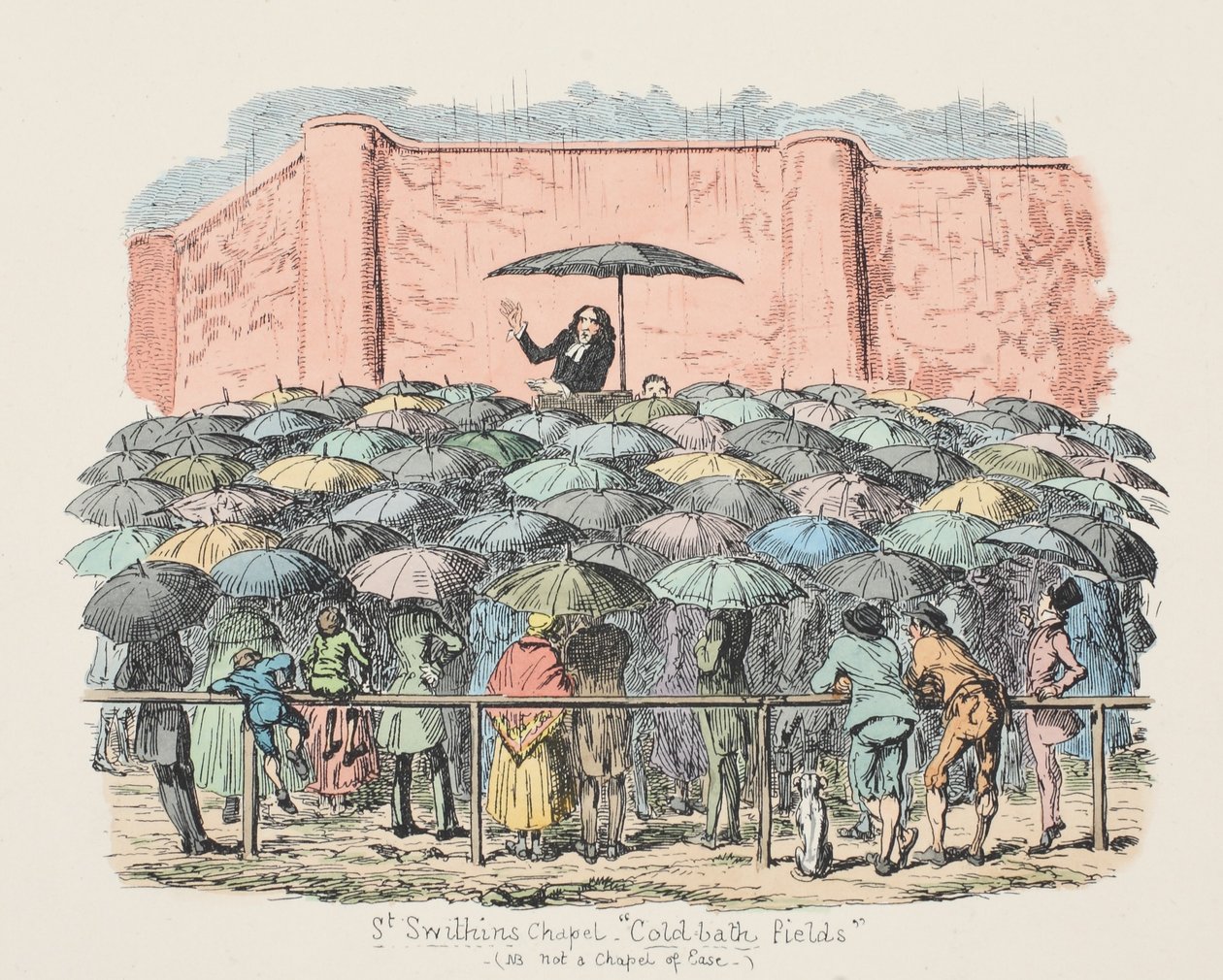 St Swithuns Chapel Pole se studenými lázněmi, hospoda. 1833 (ručně kolorovaná rytina) od George Cruikshank