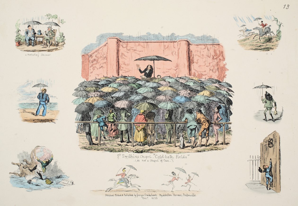 St Swithuns Chapel Pole se studenými lázněmi, hospoda. 1833 (ručně kolorovaná rytina) od George Cruikshank