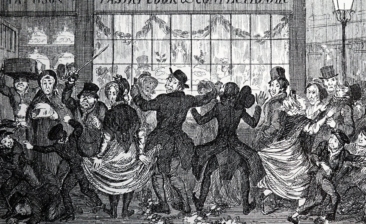 Pouliční uličníci způsobují zmatek v davu před cukrárnou a cukrárnou o Dvanácté od George Cruikshank