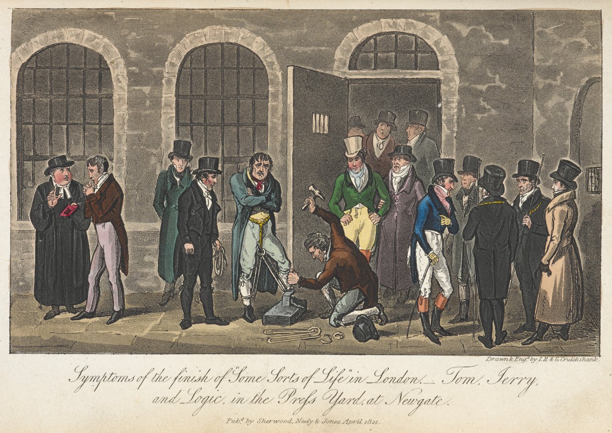 Příznaky konce „některých druhů života“ – Tom, Jerry & Logic v Press Yardu v Newgate, „Life in London atd.“, Pierce Egan od George Cruikshank