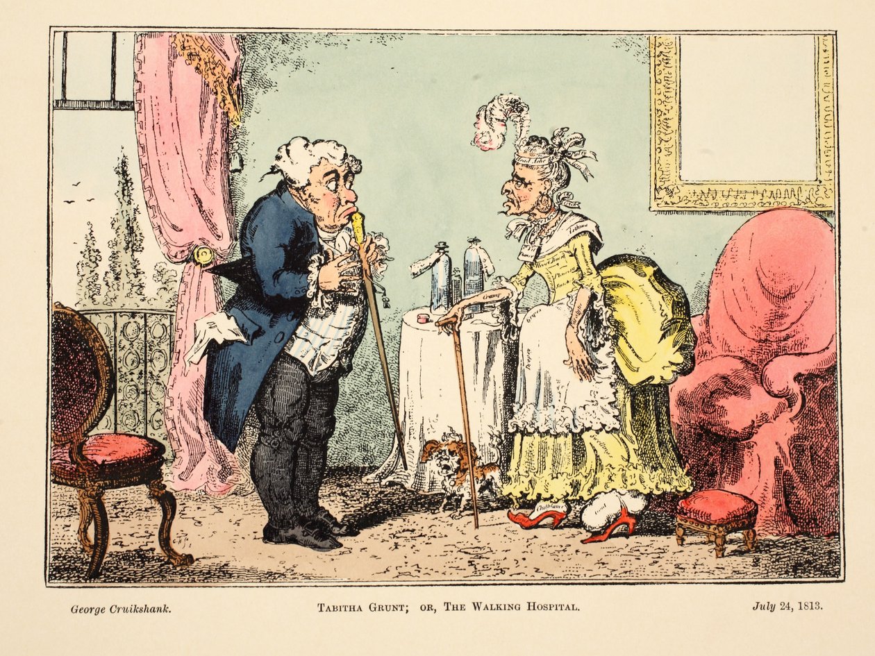 Tabitha Gruntová; nebo The Walking Hospital, hospoda. 1813 (ručně kolorovaná rytina) od George Cruikshank