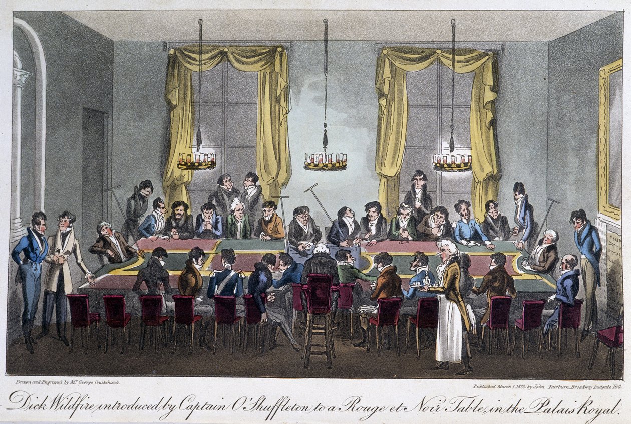 Hrací stůl v Palais Royal - v knize "Life in Paris" od Davida Careyho, Londýn od George Cruikshank