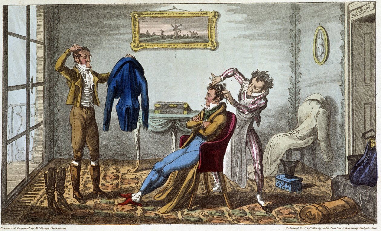 Tailleur et coiffeur à domicile - v “”Život v Paříži”” od Davida Careyho, ill. od George Cruikshank, ed. Fairburn, Londýn od George Cruikshank