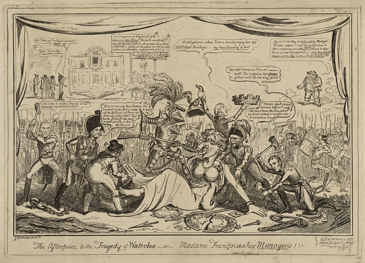 The Afterpiece (sic) k tragédii Waterloo aneb Madame Francois a její manažeři!!!, zveřejněno 9. listopadu od George Cruikshank
