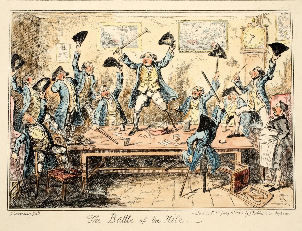 Bitva na Nilu, z nemocnice Greenwich, série námořních náčrtů, popis života muže z války, hospoda. 1826 (ručně kolorovaná rytina) od George Cruikshank