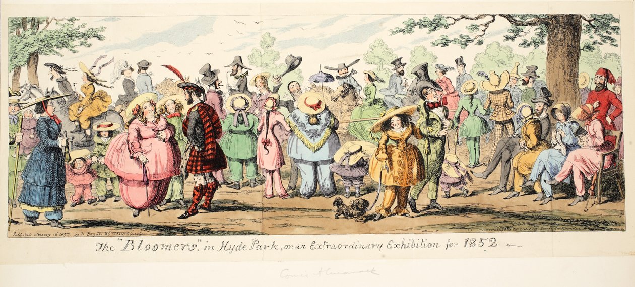 The Bloomers in Hyde Park aneb Mimořádná výstava pro rok 1852, hospoda. 1852 (ručně kolorovaná rytina) od George Cruikshank