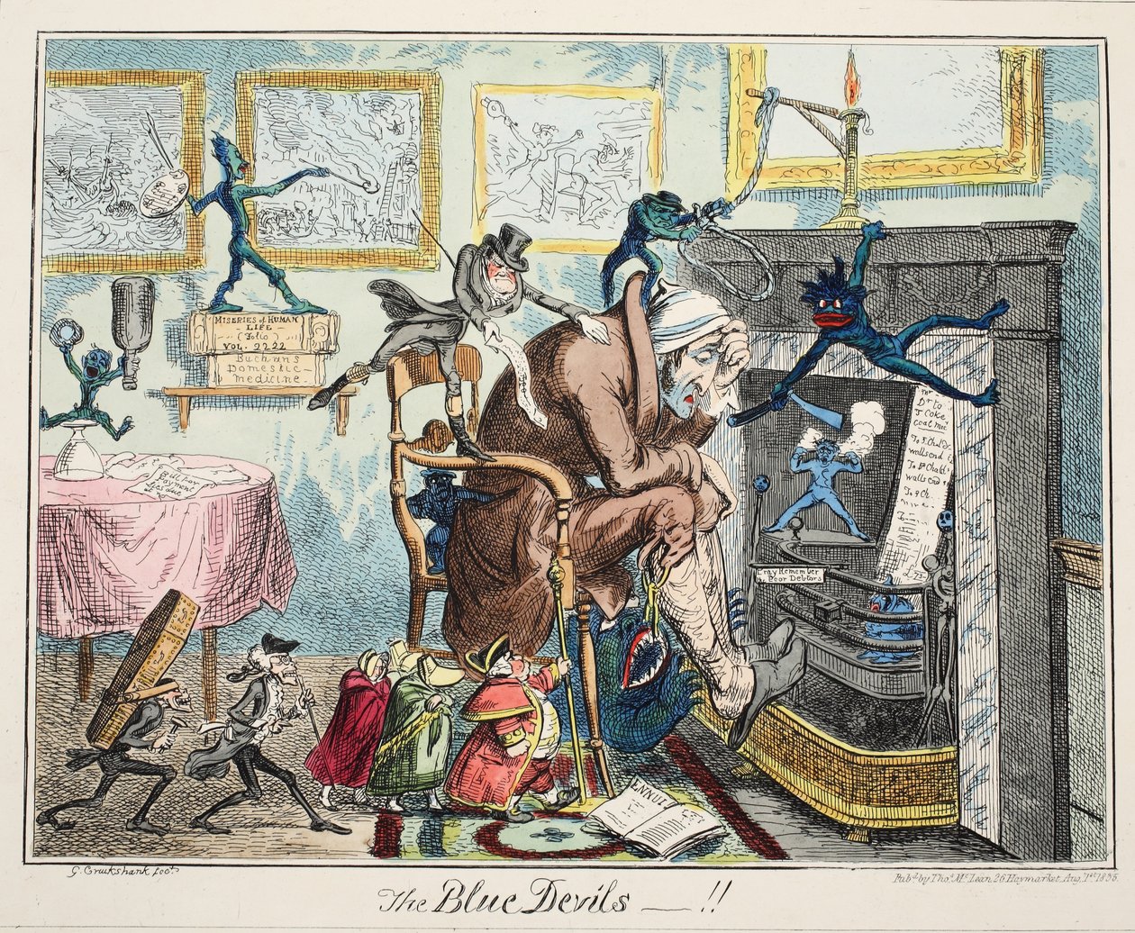 The Blue Devils, hospoda. 1835 (ručně kolorovaná rytina) od George Cruikshank