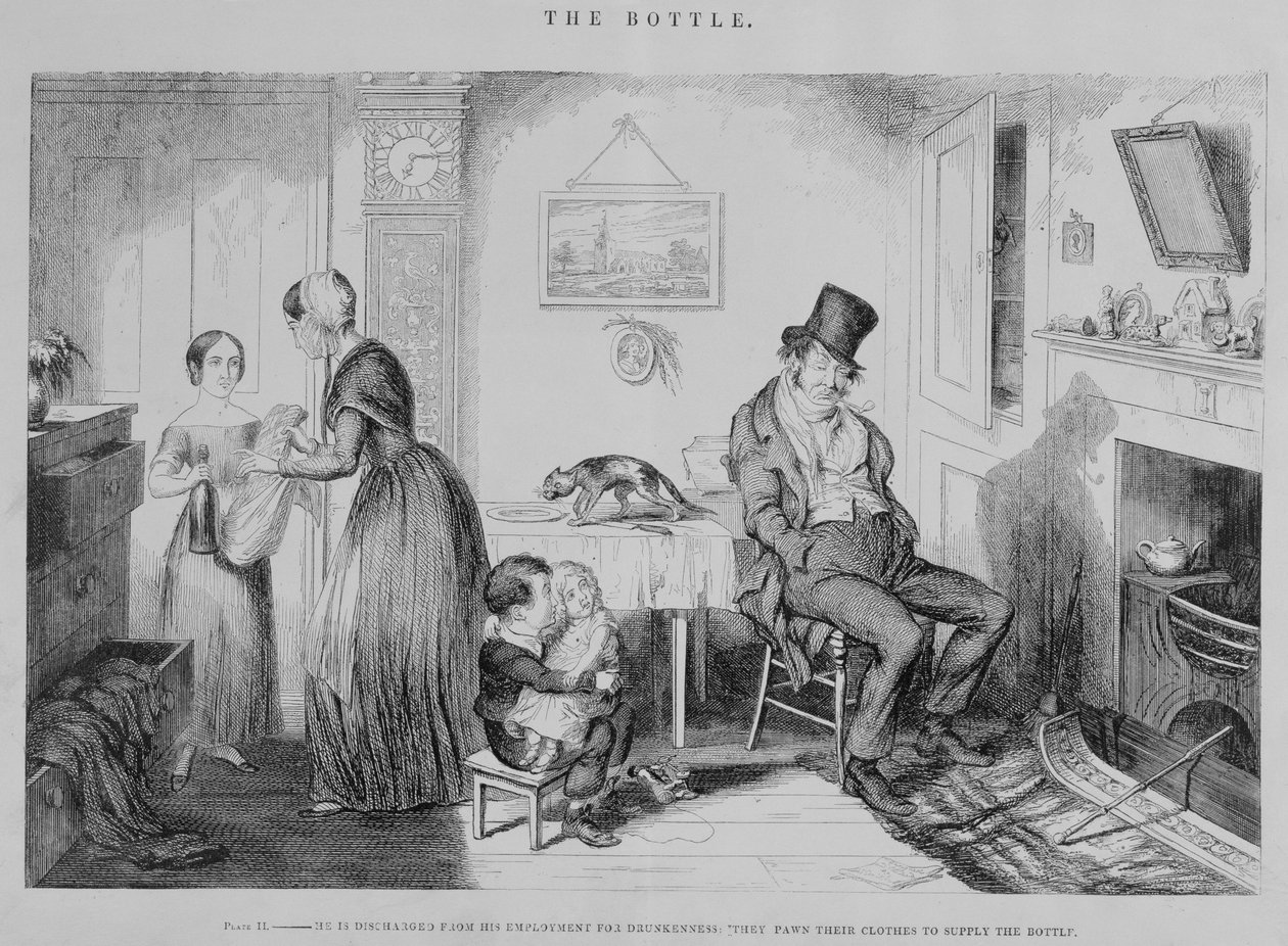 Láhev, Talíř II, Je propuštěn ze zaměstnání pro opilství: zastavují své šaty, aby dodali láhev, 1847 od George Cruikshank
