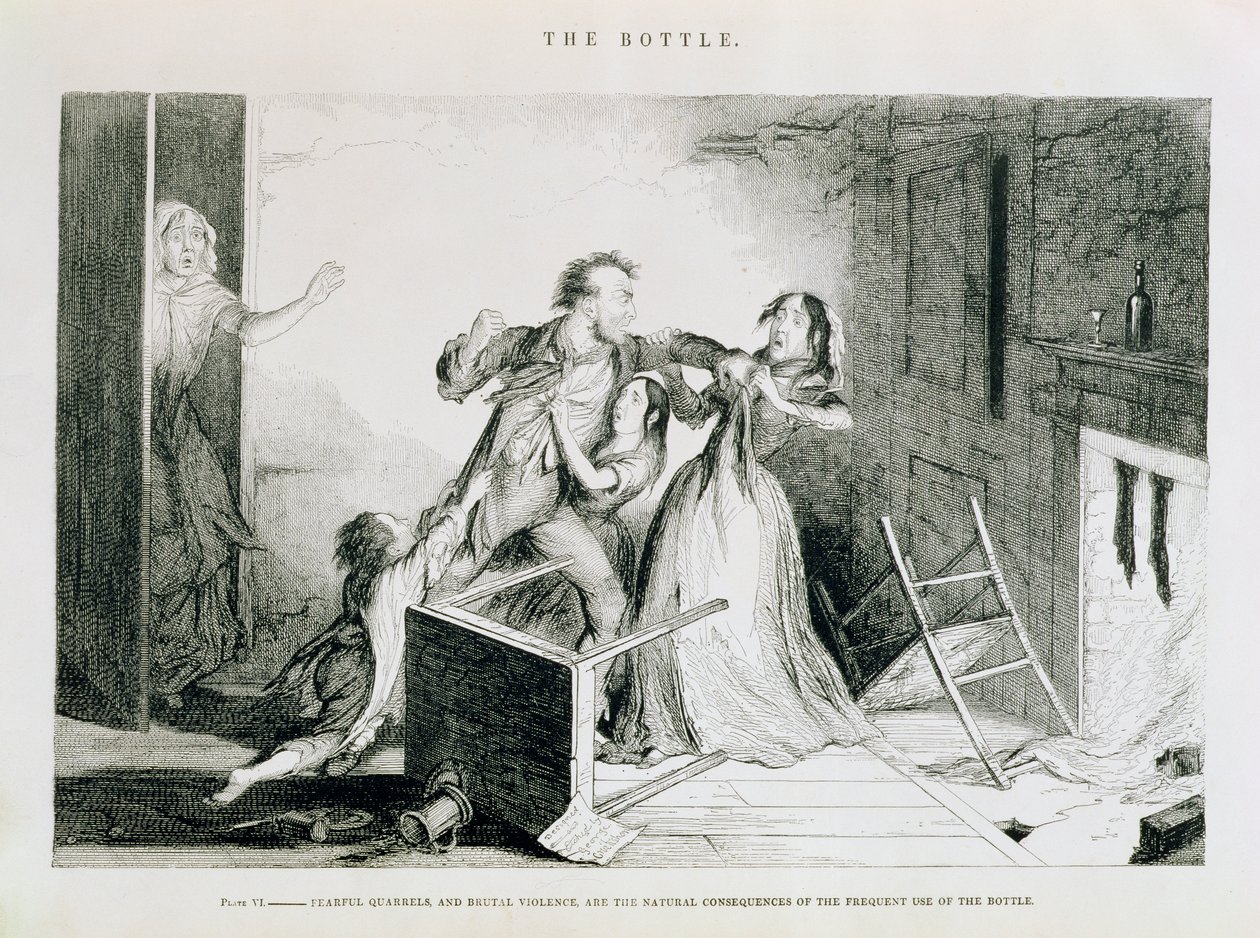 Láhev, Talíř VI, Strašné hádky a brutální násilí jsou přirozené důsledky častého používání láhve, 1847 od George Cruikshank