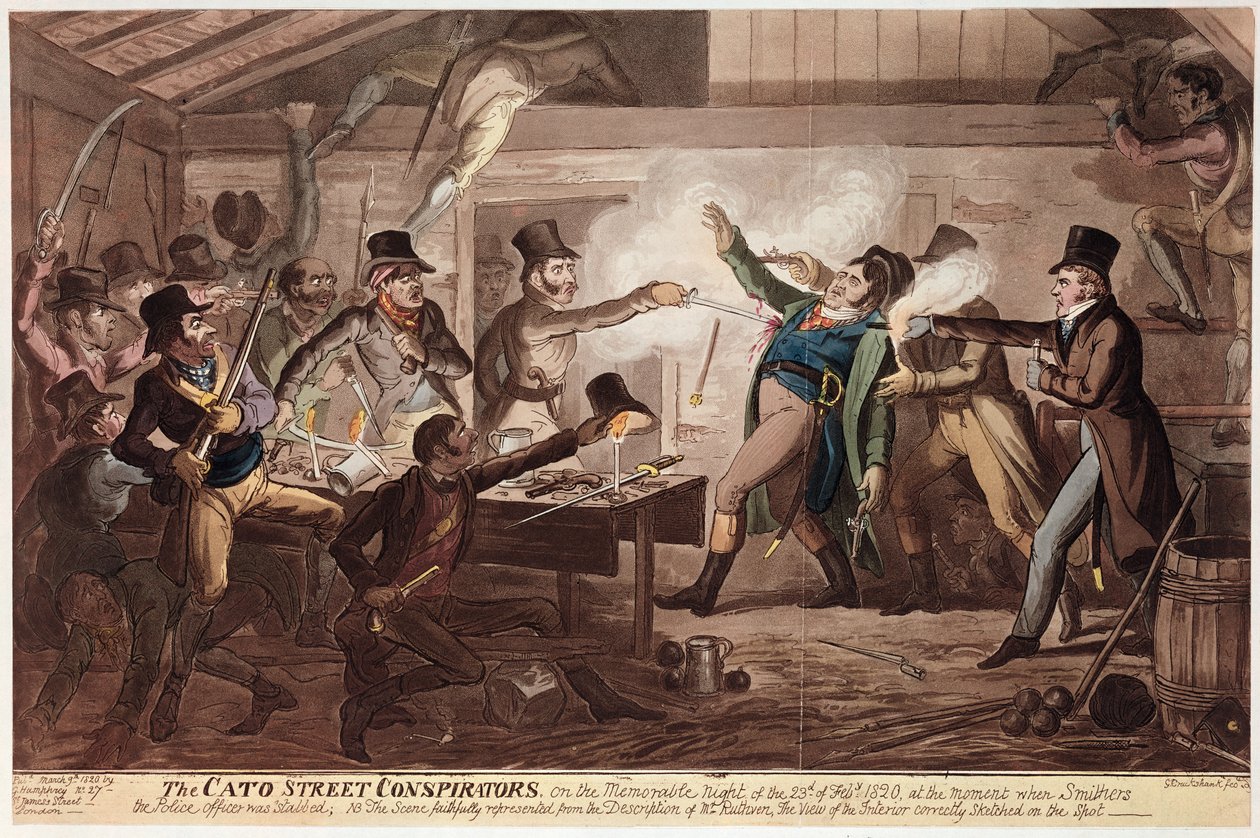 The Cato Street Conspirators, hospoda. G. Humphrey, 9. března 1820 (barevné lito) od George Cruikshank