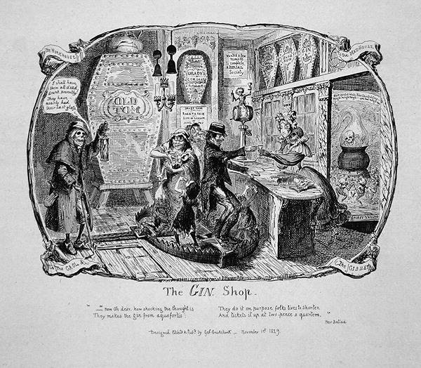 Obchod s džinem, z "Výstřižky a skici", část II, deska 3 od George Cruikshank