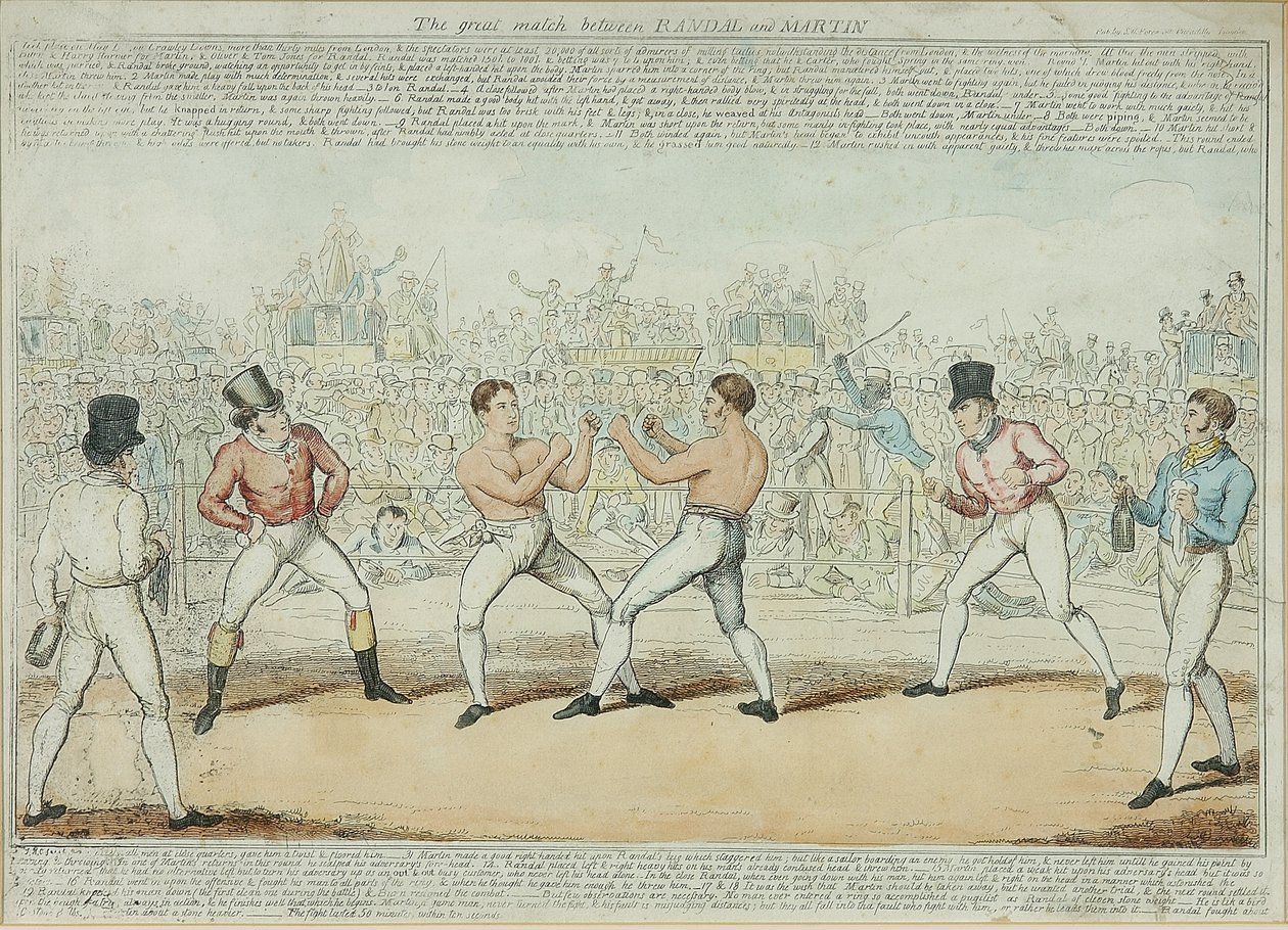 Velký zápas mezi Randallem a Martinem (barevná rytina) od George Cruikshank
