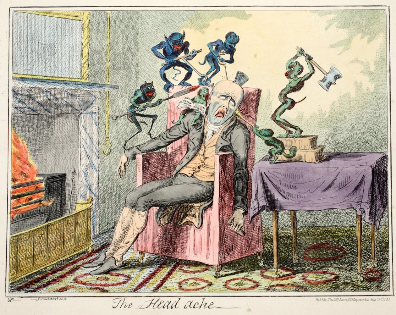 Bolest hlavy, hospoda. 1835 (ručně kolorovaná rytina) od George Cruikshank