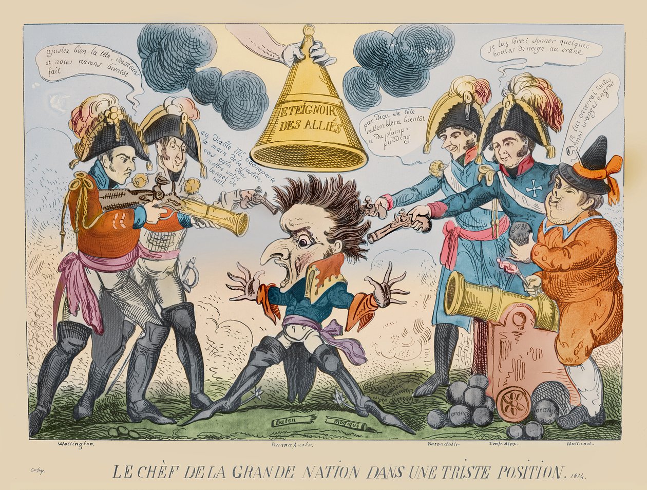 Hlava velkého národa v podivné situaci, 1813 (ručně kolorovaný lept) od George Cruikshank