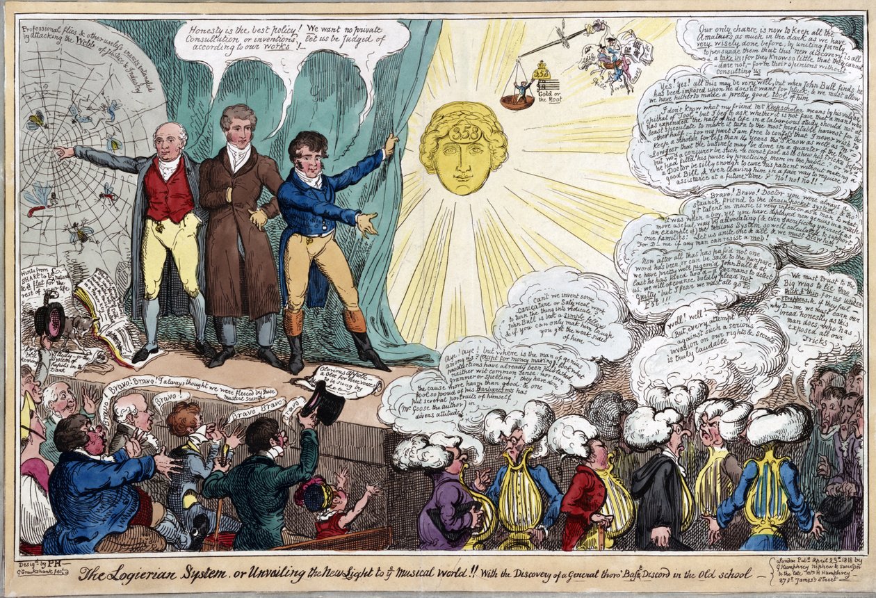 Logierian systém, aneb odhalení nového světla pro vás hudební svět!!S objevem obecné thoro základny basové disharmonie ve staré škole-, hospoda. 1818 (ručně kolorovaná rytina) od George Cruikshank