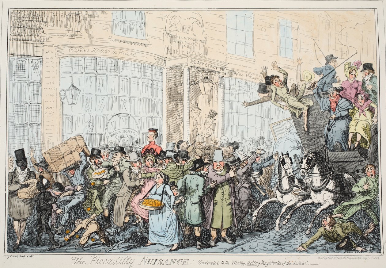 The Piccadily Nuisance, hospoda. 1936 (ručně kolorovaná rytina) od George Cruikshank