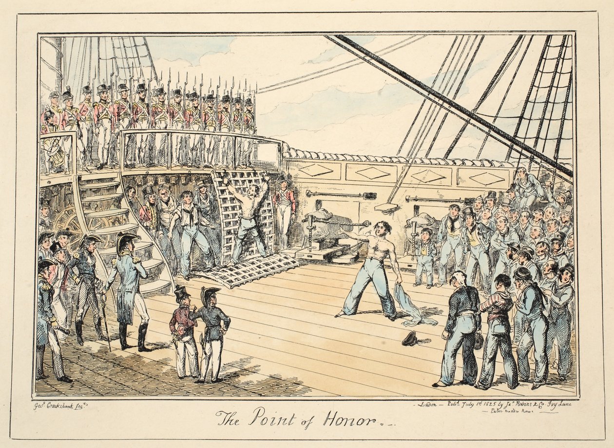 Bod cti, z nemocnice Greenwich, série námořních náčrtů, popis života válečného muže, hospoda. 1825 (ručně kolorovaná rytina) od George Cruikshank