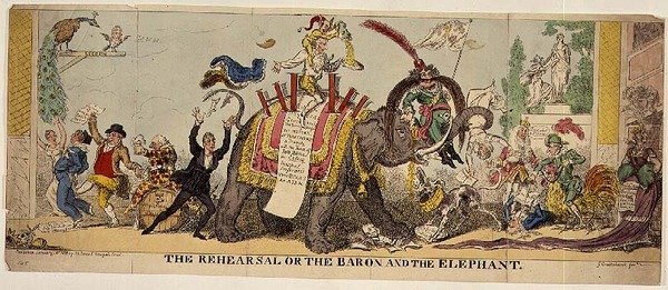 Zkouška aneb Baron a slon, satirický tisk na Kembleových propracovaných inscenacích v divadle Covent Garden zahrnující zvířata od George Cruikshank