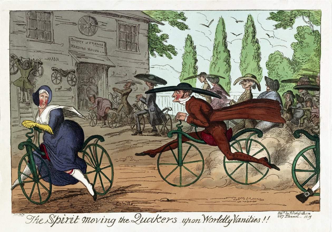 The Spirit move the Quakers upon Worldly Vanities!!, hospoda. 1819 (ručně kolorovaná rytina) od George Cruikshank