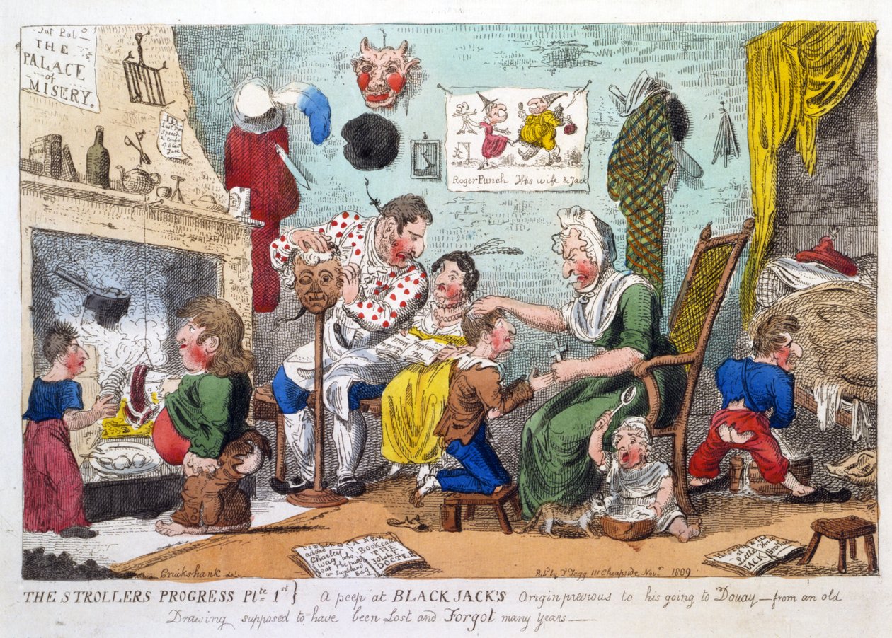 Strollers Progress Plate 1, pohled na Black Jacks Origin Před jeho Going to Douay, hospoda. 1809 (ručně kolorovaný lept) od George Cruikshank