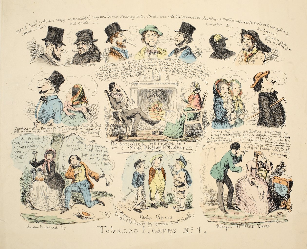 Tabákové listy č. 1, hospoda. 1851 (ručně kolorovaná rytina) od George Cruikshank