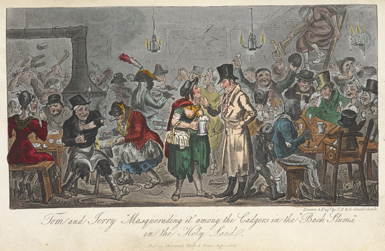 Tom a Jerry „Masquerading it“ mezi cadgery v „černých slumech“, ve Svaté zemi, „Life in London, atd.“, od Pierce Egana od George Cruikshank