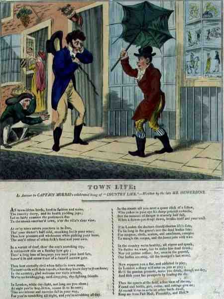 Town Life: V odpovědi na oslavnou píseň kapitána Morrise o „Country Life“, kterou napsal zesnulý pan Hewerdine (barevný lept) od George Cruikshank