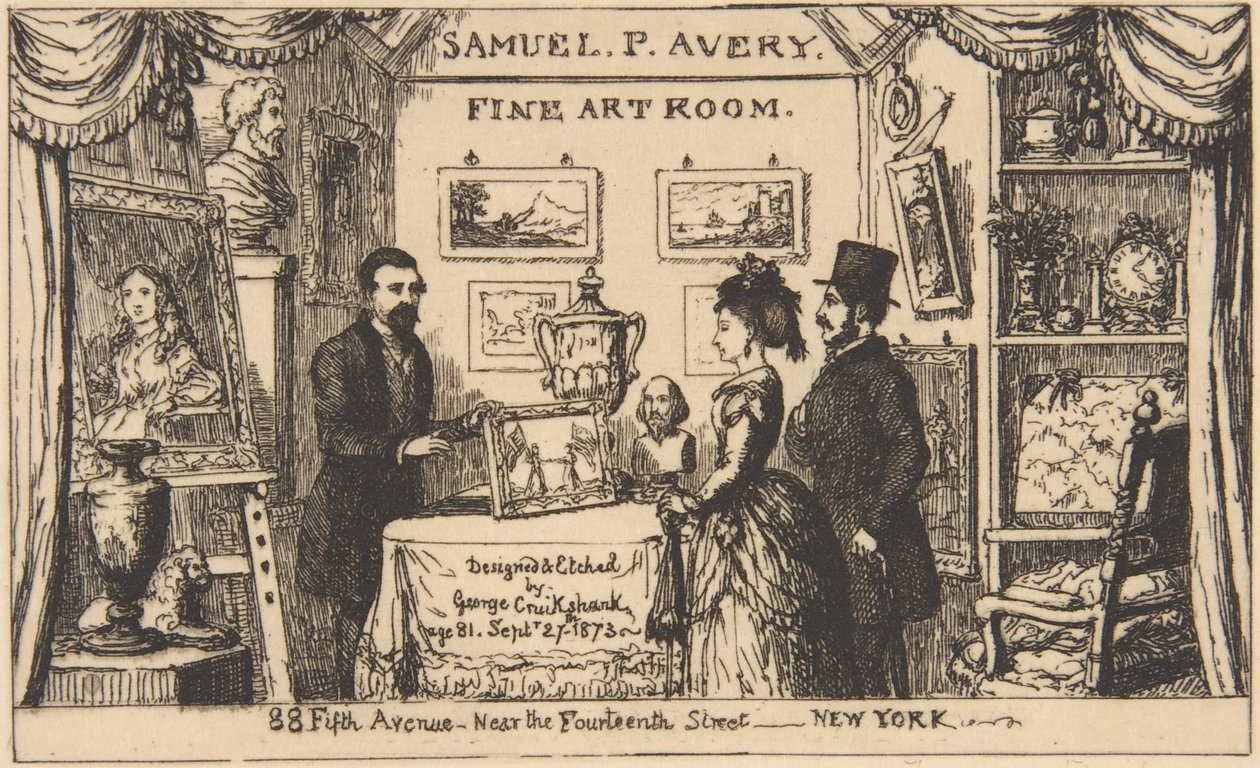 Reklamní kartička pro Samuela P. Averyho - Sál výtvarného umění od George Cruikshank